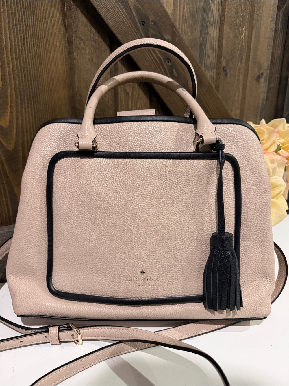 kate spade Blush Pink Satchel with Black Trim and Tassel